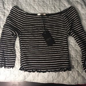 Off the shoulder black and white stripped crop top